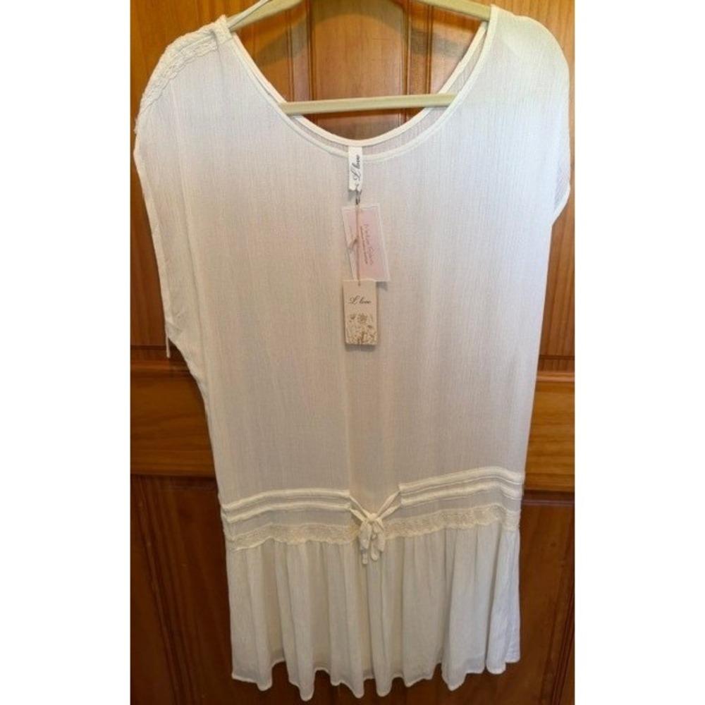L Love Ivory Rayon Gauze Lace Trim Tie Waist‎ Peasant Tunic Dress Size L LV20872